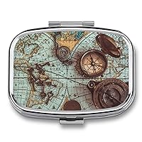 Pill Box World Map Vintage Clock Pocket Watch Square-Shaped Medicine Tablet Case Portable Pillbox Vitamin Container Organizer Pills Holder with 3 Compartments