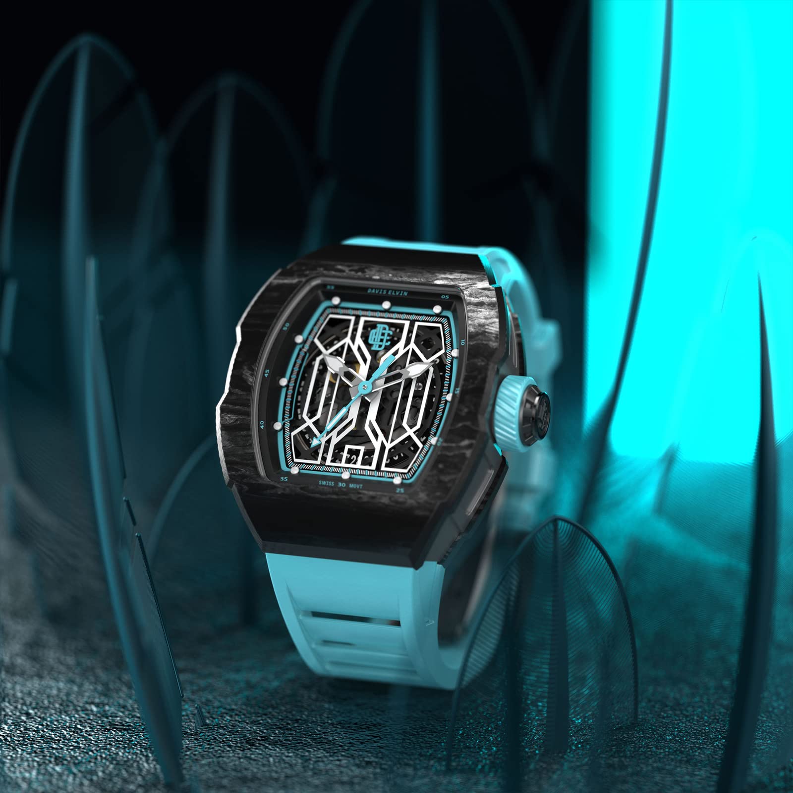 DAVIS ELVIN Global Popular Men's Wristwatch Birthday Gift Surprise for Men Tonneau Design Wrist Watch Swiss Automatic Movement Mechanical Watch Carbon Fiber Gentleman Watch-DR05-1