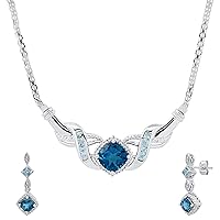 Dazzlingrock Collection Cushion & Princess London Blue Topaz & Metal Diamond Necklace & Drop Dangle Earrings Set for Women in 925 Sterling Silver