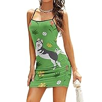 Siberian Husky On The Grass Women's Sexy Bodycon Dress Spaghetti Strap Mini Dresses Sleeveless Club Dress