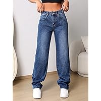Jeans for Women Pants for Women Women's Jeans Slant Pocket Straight Leg Jeans (Color : Medium Wash, Size : W30 L32)