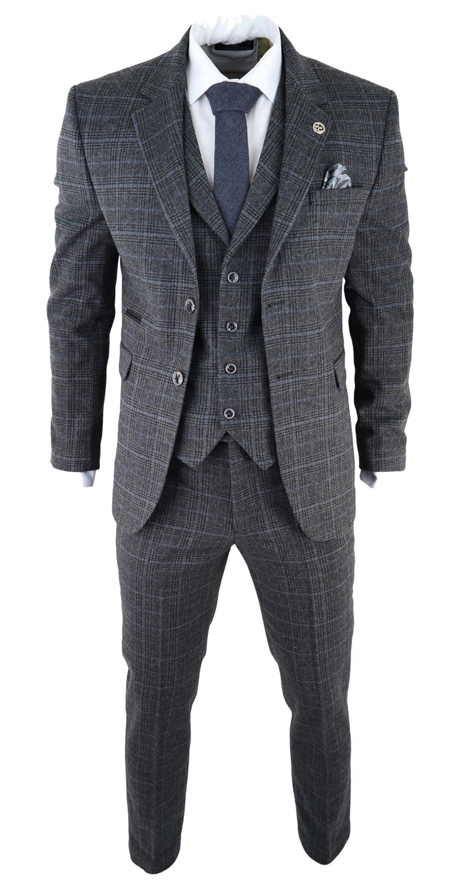 Mens Grey Tweed 3 Piece Suit Blue Check Vintage 1920s Gatsby Blinders Tailored Fit