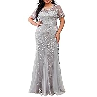 Ever-Pretty Plus Women's Glitter Round Neck Short Sleeves Embroidery Mermaid Plus Size Formal Dresses 07708-DA
