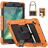 Timecity Case for iPad 6th/5th Generation, iPad 9.7 Inch Case with Screen Protector Rotating Stand/Hand Strap Full-Body Silicone+PC Durable Protective Case for iPad 5th/ 6th /Air 2/ Pro 9.7- Orange