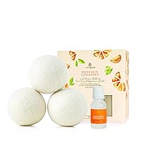 Thymes Mandarin Coriander Wool Dryer Balls Set – Includes 3 Wool Laundry Balls + 1 Mandarin Fragrance Oil for Dryer – Eliminate Wrinkles, Static & Lint – Scented Laundry Supplies (0.5 fl oz)