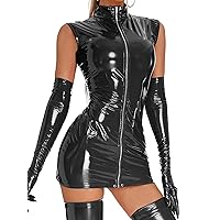 ACSUSS Womens Shiny Leather Wet Look Zipper Bodycon Short Mini Dress Teddy Dance Party Clubwear