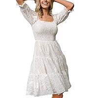 AOOKSMERY Womens Square Neck Dress Puff Sleeve Shirred Ruffle Floral Lace Wedding Dress Smocked Bridesmaid Party Midi Dresses