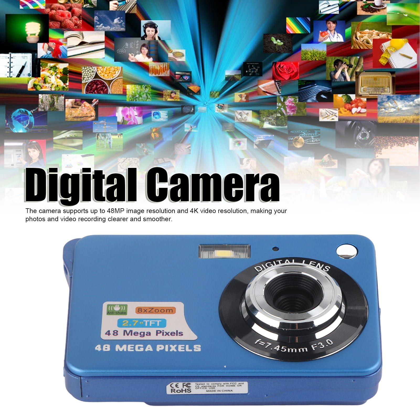 4K Digital Camera 48MP with 8X Zoom and 2.7in LCD Screen, Rechargeable Pocket Camera and 128GB Memory Card Support, USB Transfer Camera Camera for Beginners (Blue)