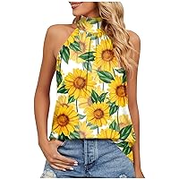 Graphic Tank Tops for Women 2023 Womens Summer Halter High Neck Print Sleeveless Shirts Tank Top Ladies Blouses