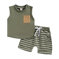 Hoanselay Toddler Infant Baby Boy Summer Shorts Set Sleeveless Striped Tank Tops T Shirt and Solid Shorts Outfit Clothes