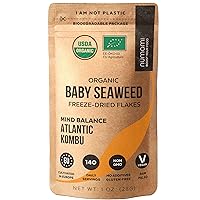 Organic Kombu Flakes - 1oz. Young Pure Seaweed Grown in North Atlantic. USDA Certified and Freeze-Dried Premium Quality. Soft Texture & Mild Taste. 140 Servings