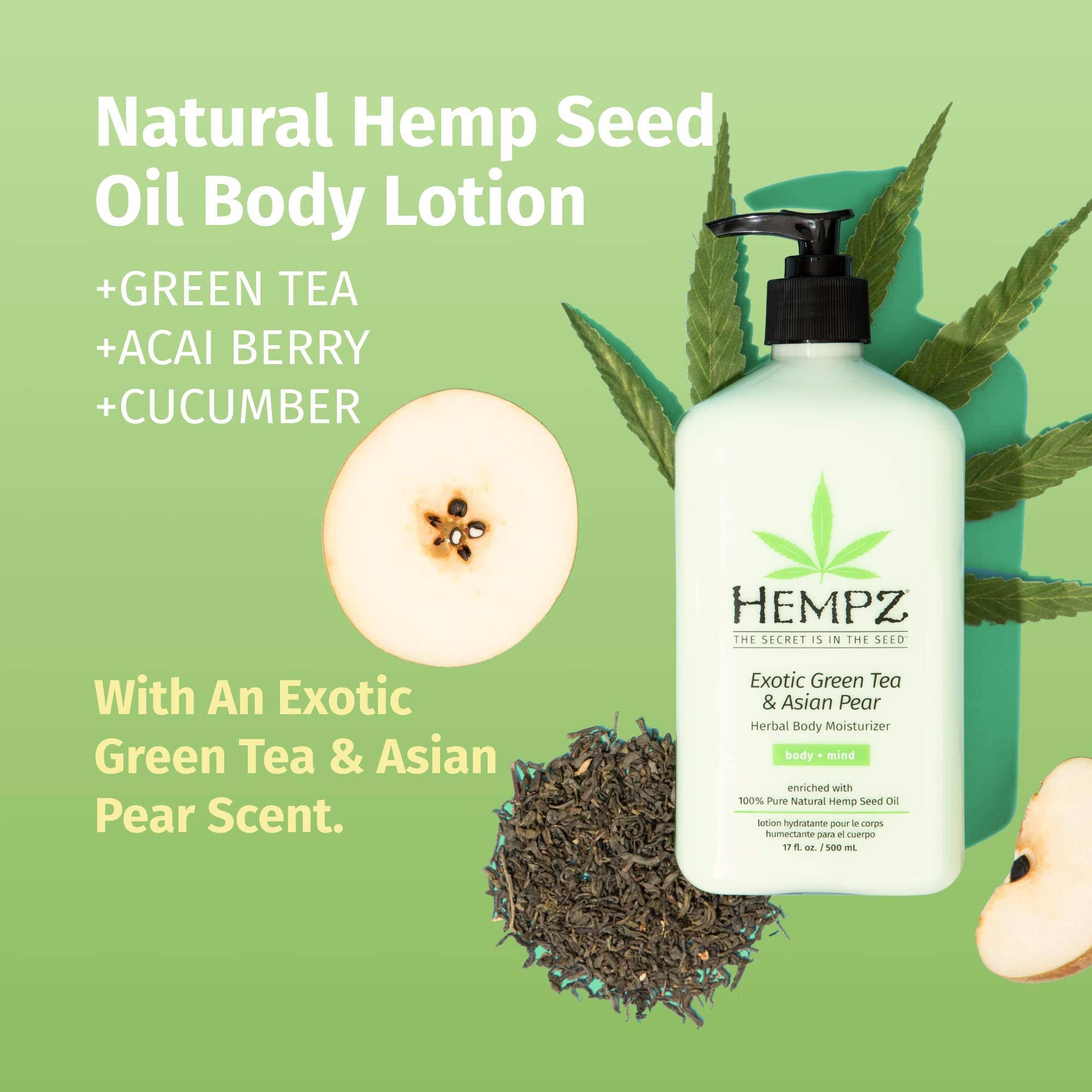 HEMPZ Body Lotion - Green Tea & Asian Pear Daily Moisturizing Cream, Shea Butter Body Moisturizer - Skin Care Products, Hemp Seed Oil - Large