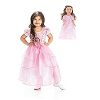Little Adventures Royal Pink Princess Dress Up Costume (Large Age 5-7) with Matching Doll Dress - Machine Washable Child Pretend Play and Party Dress with No Glitter