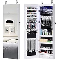 GISSAR Full Length Mirror Jewelry Cabinet, 6 LEDs Jewelry Armoire Wall Mounted Over The Door Hanging, Jewelry Organizer Storage with Lights Lockable White