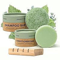 Shampoo & Conditioner Bar Set | Peppermint + Eucalyptus | With Travel Container and Cedar Tray | Natural Salon Quality Shampoo, Zero Waste & Plastic Free