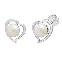 Dazzlingrock Collection 8 mm Each Round White Freshwater Pearl & White Diamond Ladies Heart Stud Earrings, Available in 10K/14K/18K Gold & 925 Sterling Silver