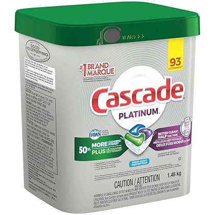 Cascade Platinum ActionPacs Dishwasher Detergent with Dawn, Fresh Scent - 92 Count with 10pct bonus 102 packs