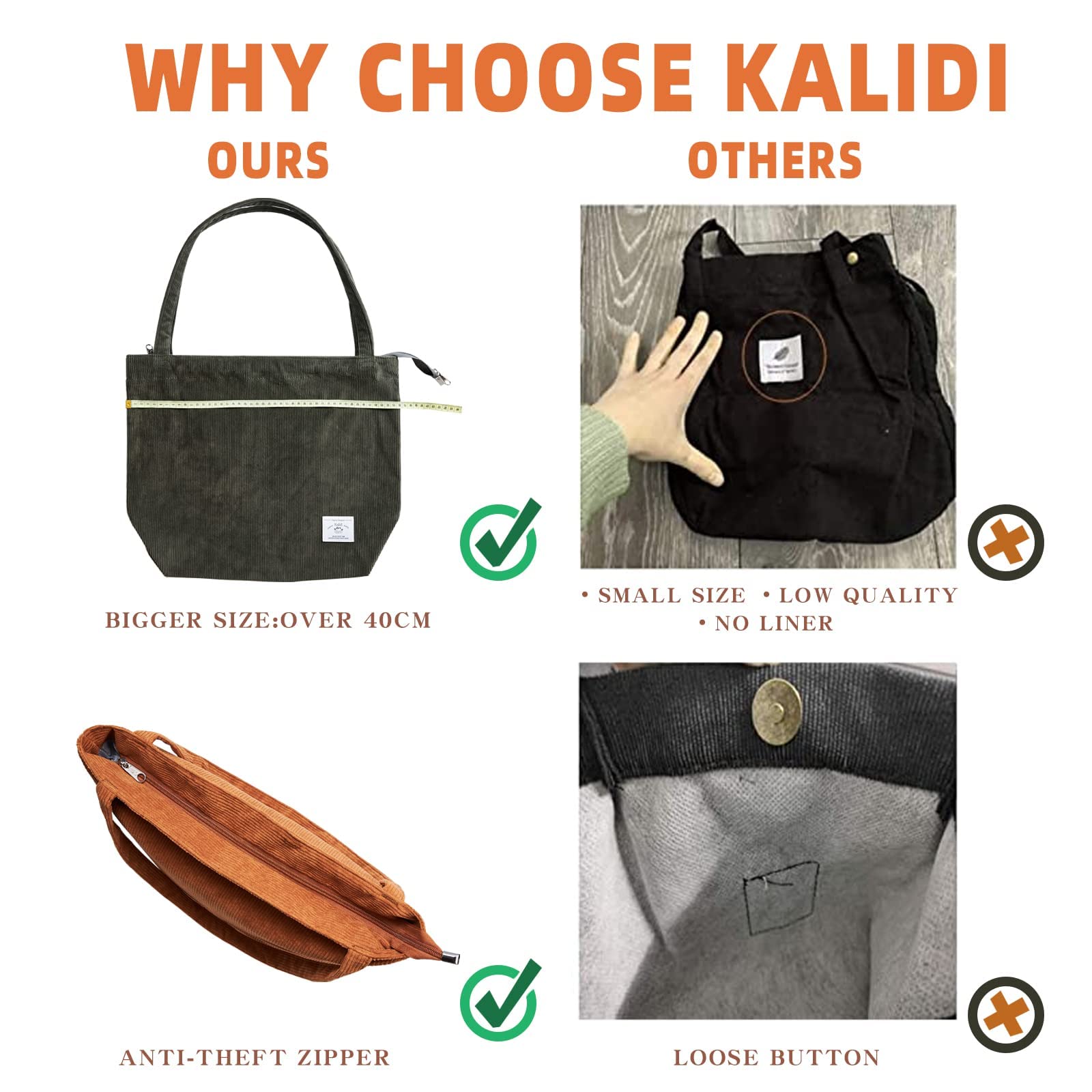 KALIDI Women Corduroy Tote Bag Zipper Casual Tote's Handbag Big Capacity Shoulder Bag with Pockets