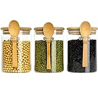 3 Sets of Glass Jars with Bamboo Lids and Bamboo Spoon,Decorative and Durable 17 Oz Borosilicate Glass Canisters for Candy, Cookies, Spices, Coffee Beans, Pasta