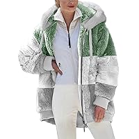 Womens Winter Jackets Warm Sherpa Fleece Hoodie Coats Loose Color Block Zip Up Cozy Fuzzy Hooded Sweatshirt Outwear