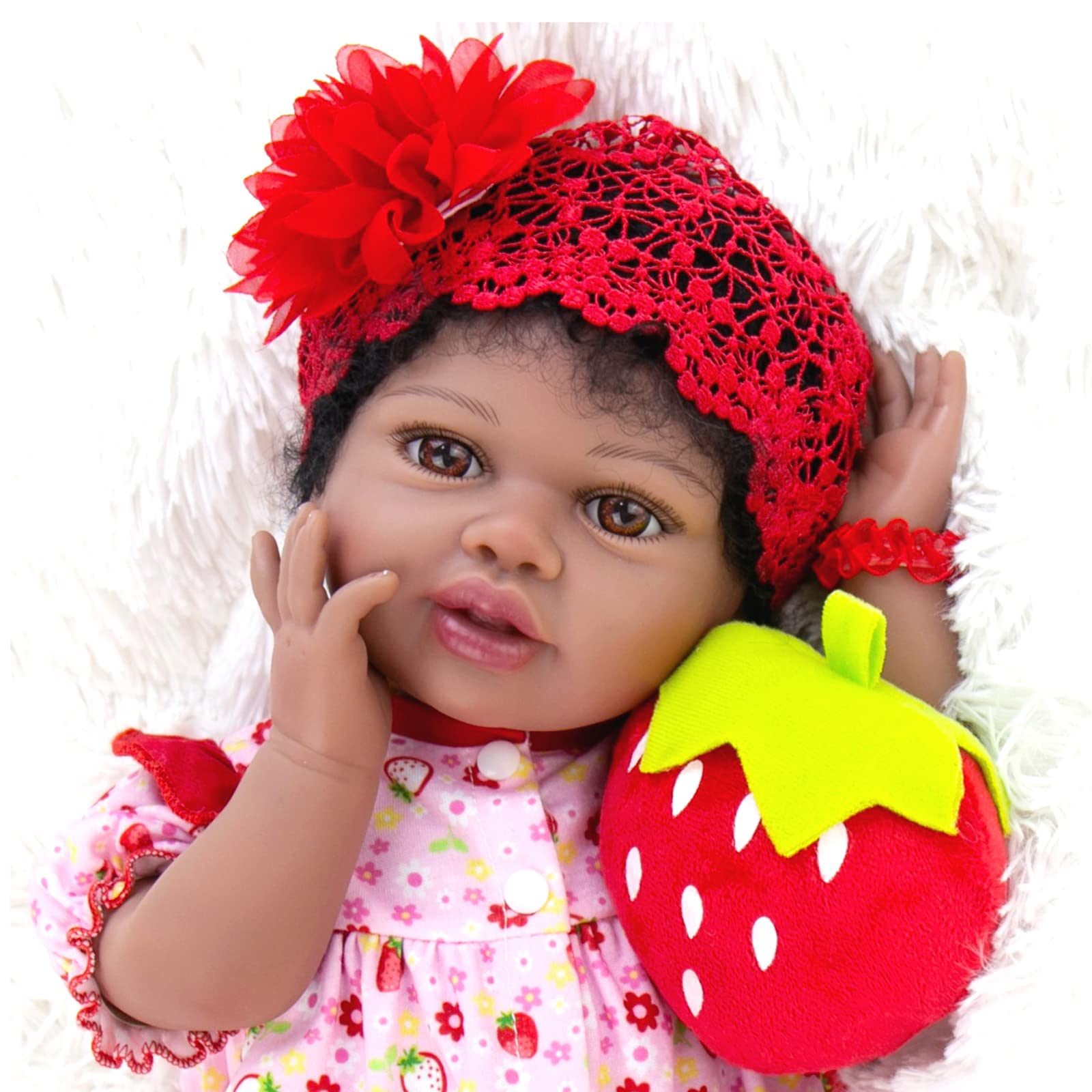 Aori Reborn Baby Dolls Lifelike Black 22 Inch Realistic African American Newborn Baby Girls That Look Real Body Weighted Soft Body Real Life Toddler Doll Strawberry Gift Set for Ages 3+