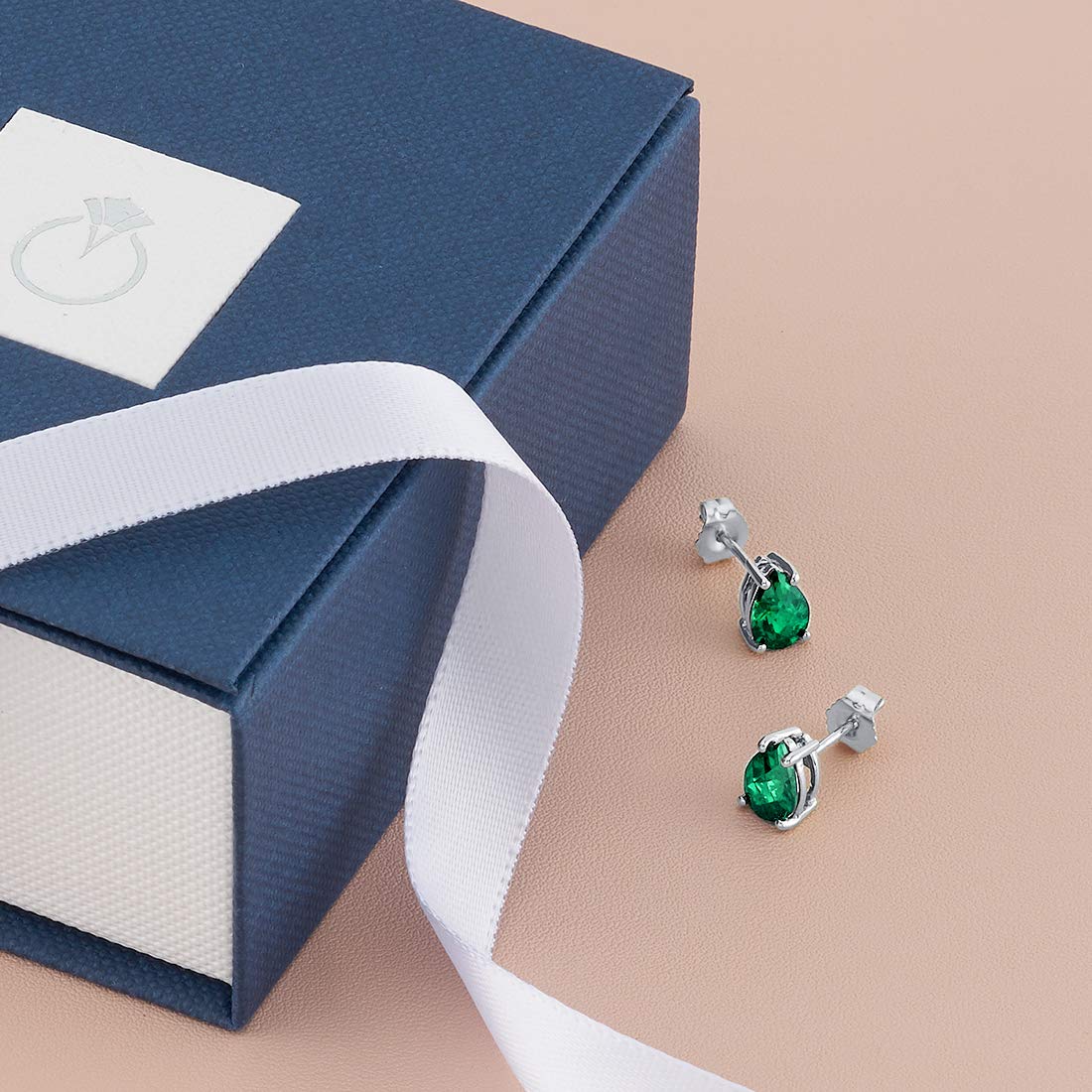 Peora Solid 14K White Gold Created Emerald Earrings for Women, Classic Solitaire Studs, 7x5mm Pear Shape, 1.25 Carats total, Friction Back