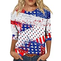 3/4 Length Sleeve Womens Summer Tops Red White Blue Graphic Tees Oversized Blouses Crewneck Sweatshirts Shirts