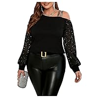 SOLY HUX Women's Contrast Mesh Cold Shoulder Long Sleeve Rhinestone Blouse Tops