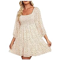 Floral Dress for Women Spring Summer Dresses Boho Beach Square Neck Smocked 3/4 Sleeve Casual A-Line Swing Mini Dress