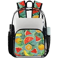 Fruits Watermelon Tropical Leaves Clear Backpack Heavy Duty Transparent Bookbag for Women Men See Through PVC Backpack for Security, Work, Sports, Stadium