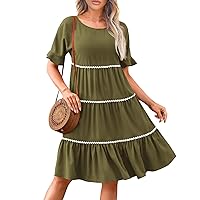 Women's Sundresses 2024 Solid Color Summer Dress Short Sleeve V Neck Down Casual Pocket Swing Short Dress, S-XL