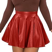Oplxuo Women's Faux Leather Skirt Short Pleated High Waisted A Line Flared Solid PU Leather Mini Skater Skirts for Teen Girls