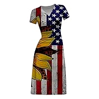 July 4th Women USA Flag Ruched High Waist Sheath Dress Short Sleeve Wrap V-Neck Casual Summer Patriotic Mid Dresses