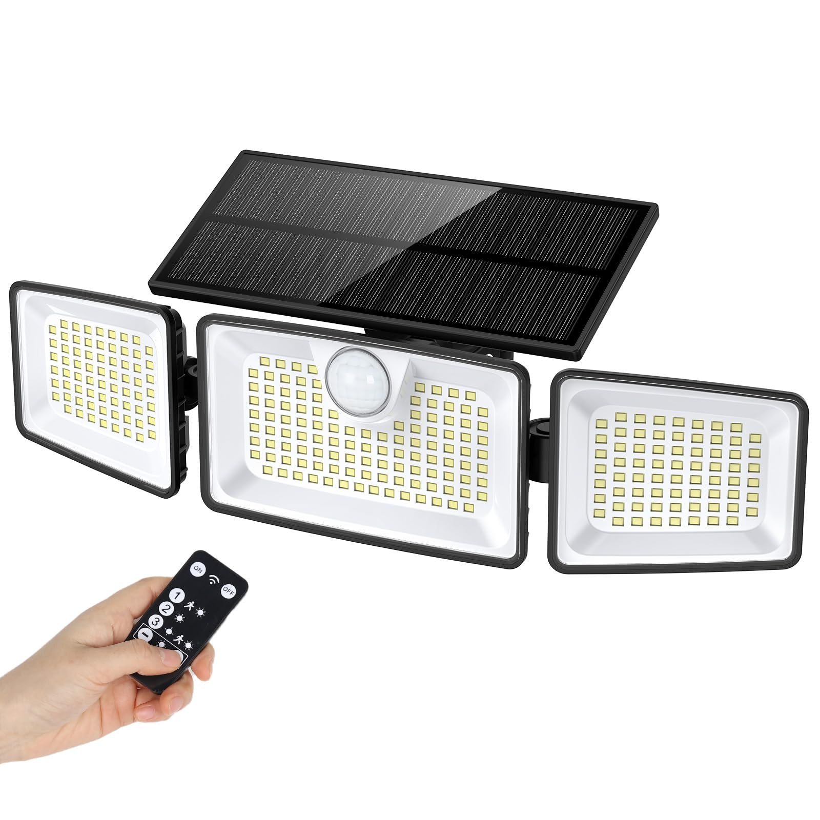 daphino Solar Motion Sensor Lights, 252 LEDs 3 Head Adjustable Solar Lights Outdoor, 2700LM 355°Wide Angle Commercial Street & Area Lights with Remote Control, IP67 Waterproof Spot Light with 3 Modes