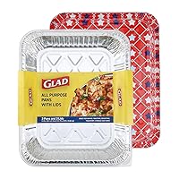 Glad Disposable Aluminum All Purpose Pans in Red, White & Blue Stars, 3ct with Lids - Printed Colorful Foil Steam Pans - 12.5” x 10.2” x 2.16” Aluminum Pan - Disposable Steamware