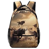 African Wildlife Wildebeest Fashion Print Travel Backpack Hiking Rucksack with Little Whistle Casual Daypack for Unisex