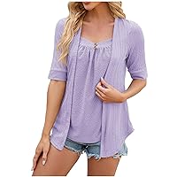 Womens Dressy Fake Two-Piece Tops 2024 Summer Eyelet Jacquard Solid T-Shirts Short Sleeve V Neck Casual Office Tees