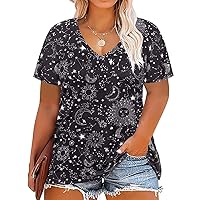 RITERA Women Plus Size Tops Tie Dye V Neck Shirt Floral Camo Summer Short Sleeve Tunic Oversized Ladies Blouse XL-5XL