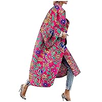 Floral Print Trench Coat for Women Winter Long Wool Pea Coats Formal Office Overcoat Fashion Cardigan Jacket Outerwear