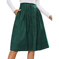 KANCY KOLE Women's Corduroy Skirt Elastic High Waisted Flare A-Line Midi Skirts with Pockets