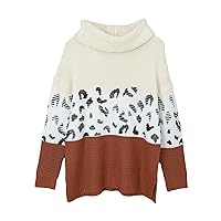 Women Turtleneck Oversized Side Slits Long Sleeve Color Block Chunky Knit Sweater Casual Loose Jumper Pullover Top