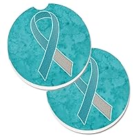 Caroline's Treasures AN1215CARC Teal and White Ribbon for Cervical Cancer Awareness Set of 2 Cup Holder Car Coasters Absorbent Sandstone Coasters for Car Cup Holders Gifts for Men or Women, Large, Mul