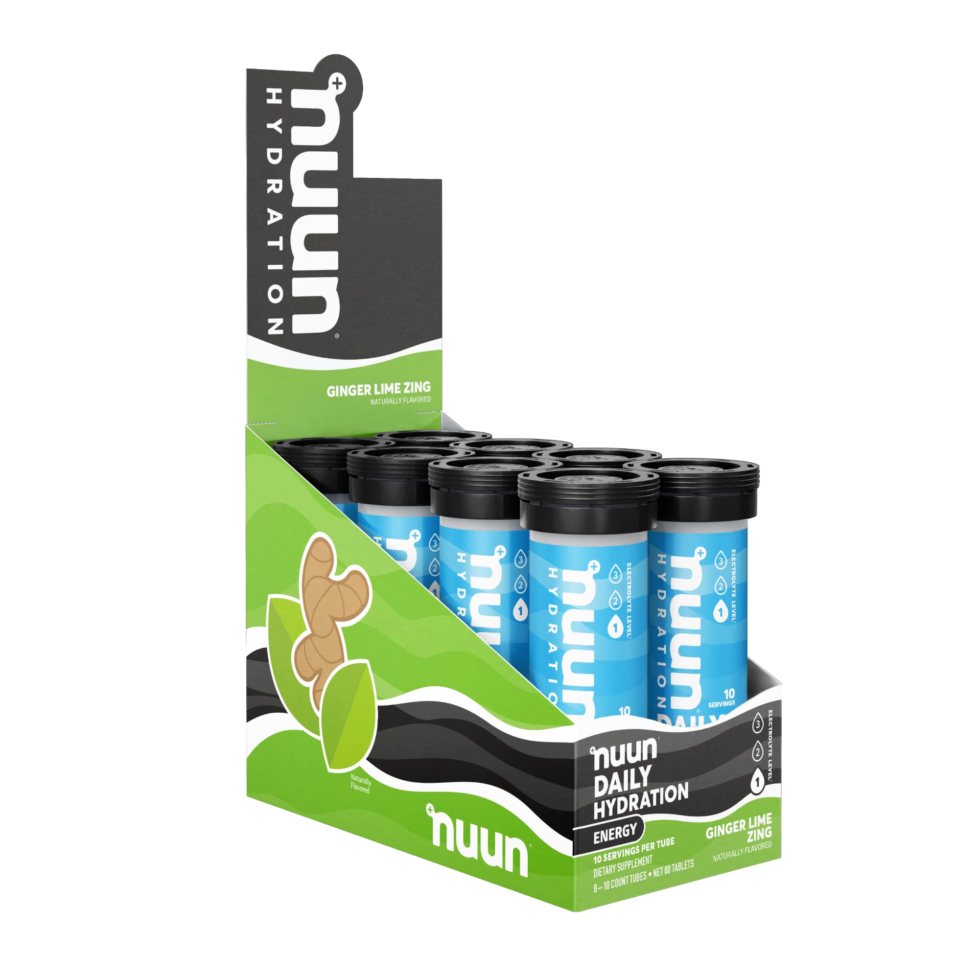 Nuun Hydration Energy Electrolyte Tablets with Caffeine, B Vitamins and Ginseng, Ginger Lime Zing, 8 Pack (80 Servings)