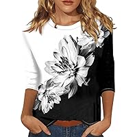Plus Size Tops for Women,3/4 Length Sleeve Womens Tops Round Neck Fashion Loose Fit Shirts Solid Color Printing Holiday Tunic Blouse White 3/4 Sleeve Tops for Women
