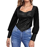 Women Sexy Cortex Square Neck Crop Top Fashion Retro Puff Sleeve Long Sleeve Blouse Elegant Slim Solid Color Base Shirt