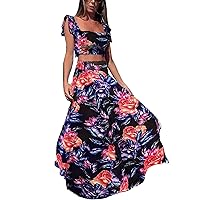 Vakkest Womens Summer Sexy 2 Pieces Outfits Ruffle Floral Tank Top Wrap Boho Tropical Long Skirt Set Clubwear Dresses