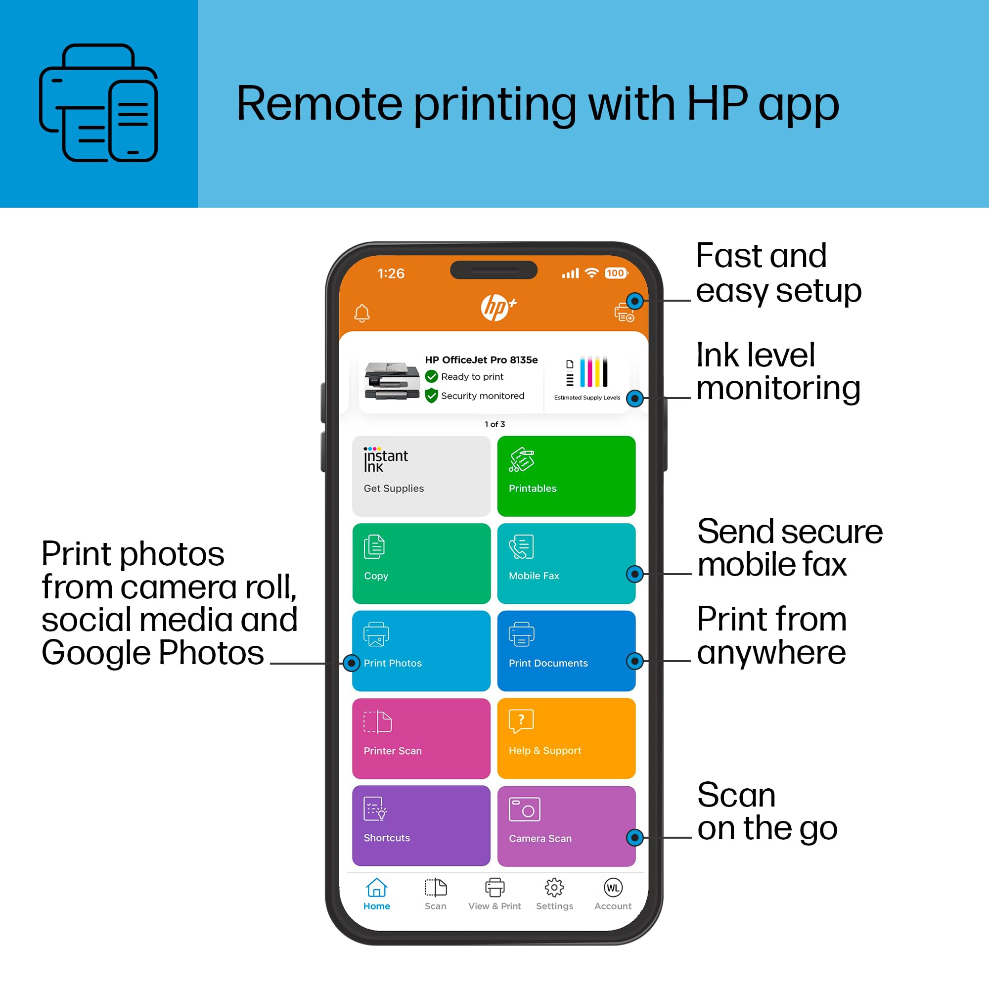 HP OfficeJet Pro 8135e Wireless All-in-One Color Inkjet Printer, Print, scan, Copy, fax, ADF, Duplex Printing Best for Home Office, 3 Months of Ink Included (40Q35A)