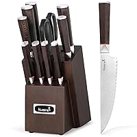 Kitchen Knife Set, Authentic Damascus Steel Ultra Sharp, Ergonomic Non-slip Wood Handle, Chef Knife Block Set with Built-in Sharpener, Elegant Gifts for Holidays (Silver, 12PCS)