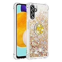 Shockproof Case for Samsung Galaxy A13 5G,Glitter Bling Shine Diamond Heart Rainbow Quicksand Transparent TPU Shell with Rotating Finger Ring Kickstand