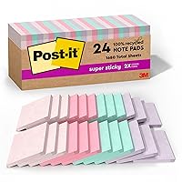 Post-it 100% Recycled Paper Super Sticky Notes, 2X The Sticking Power, 3x3 in, 24 Pads/Pack, 70 Sheets/Pad, Wanderlust Pastels Collection (654R-24SSNRPCP)